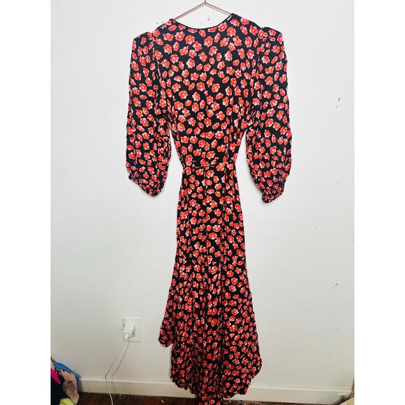GANNI Red Black Floral Wrap Puff Sleeves V-Neckline Midi Dress size 36 - Picture 3 of 16